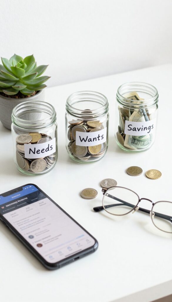 Three glass jars labeled Needs, Wants, and Savings on a white desk with a smartphone and succulent, representing the 50/30/20 budget rule.