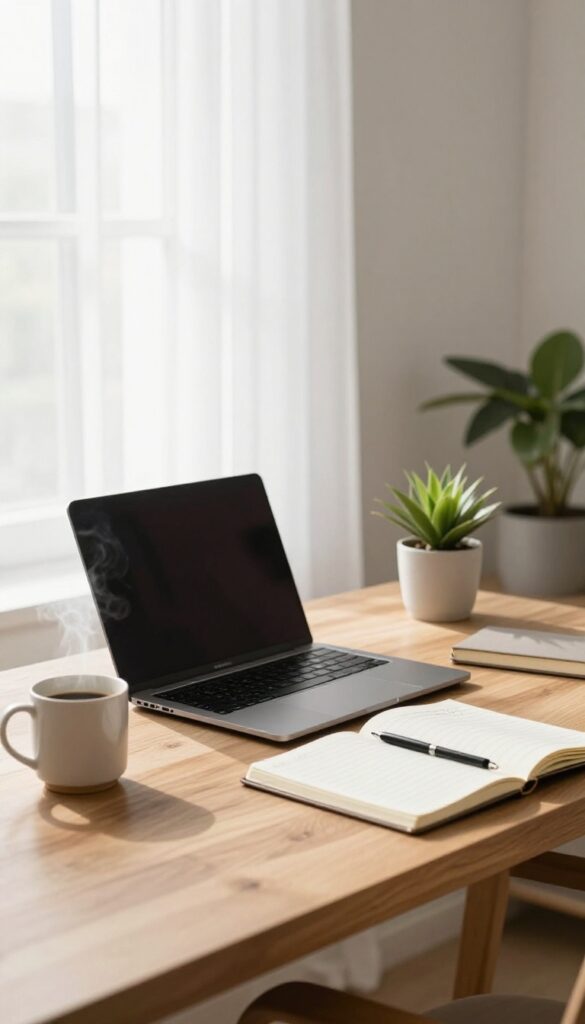 Cozy home office setup with laptop, coffee, notebook, and plant for freelance writing