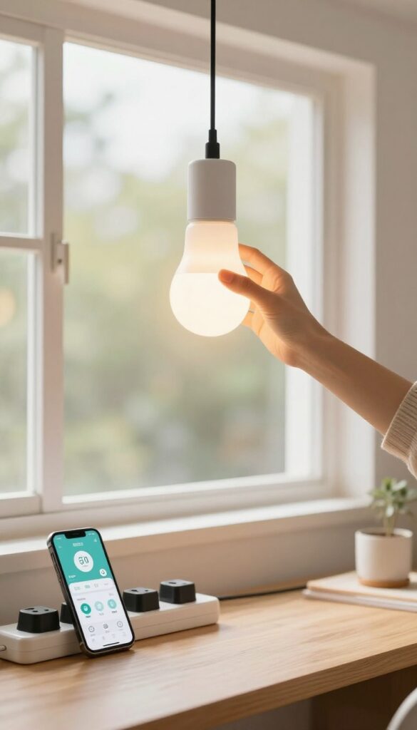 Person replacing a light bulb with an LED bulb in a bright living room, with a power strip and thermostat app visible.