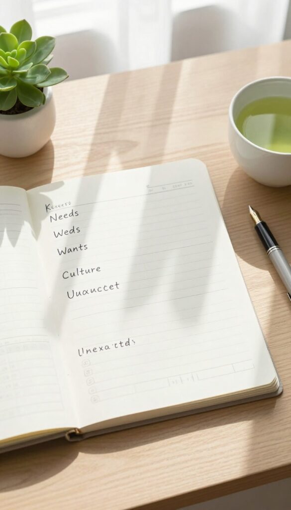Minimalist Kakeibo budgeting worksheet flat lay with pen and tea in natural light