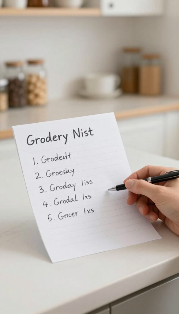 Hand holding a grocery list on a kitchen counter