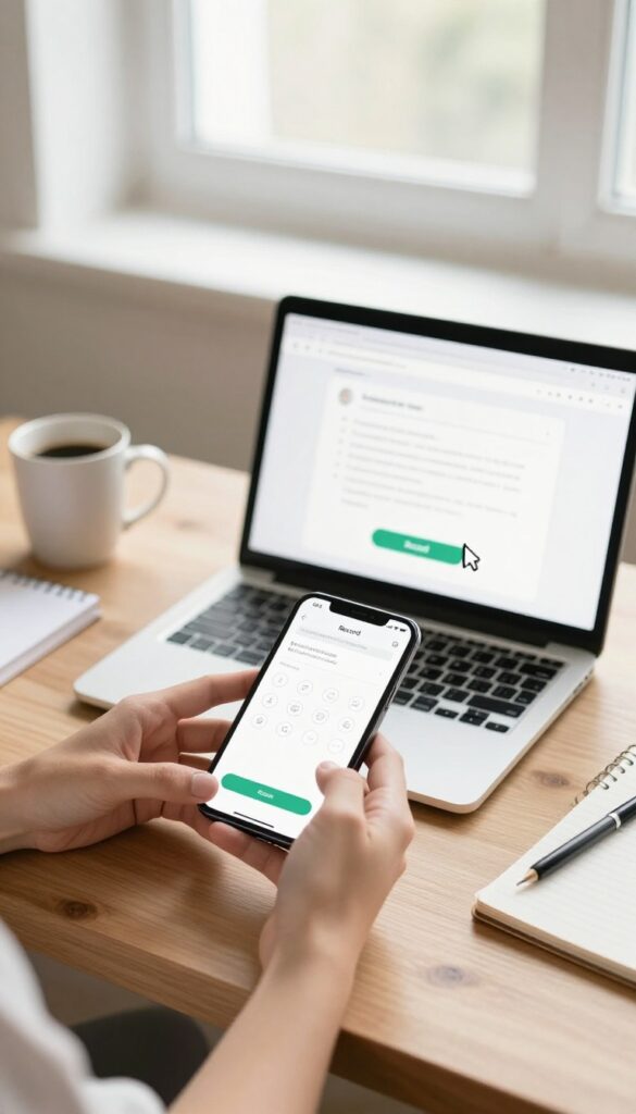 Person testing a website on laptop and smartphone with coffee and notepad on desk