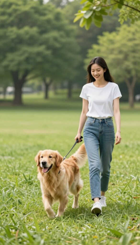A woman walking a golden retriever on a sunny park path, representing pet sitting and dog walking side hustle.