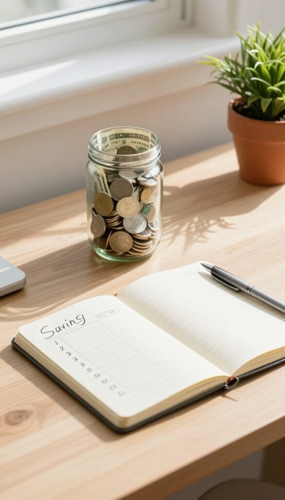 52-week money challenge savings jar and tracker on a wooden desk