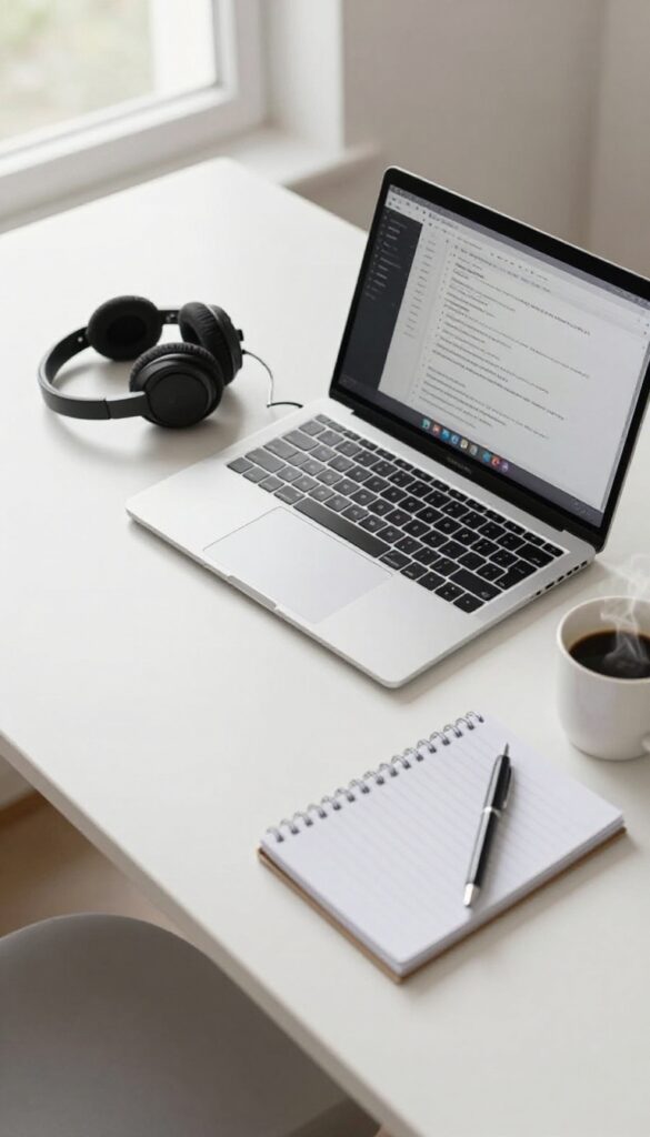 A clean desk with a laptop, headset, coffee, and notepad for transcription work.