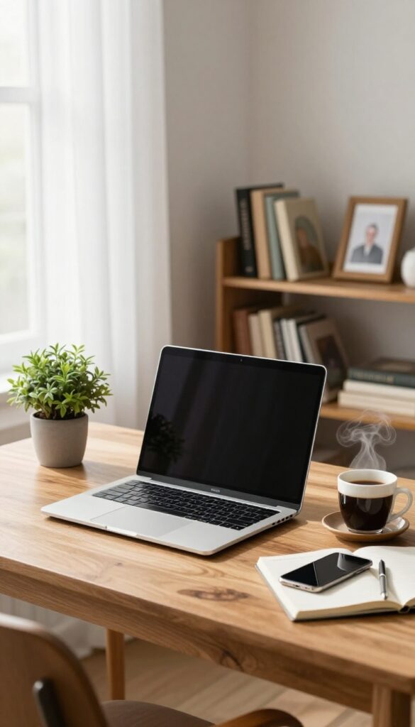 A bright home office setup with laptop, coffee, plant, and bookshelf, representing affiliate marketing.