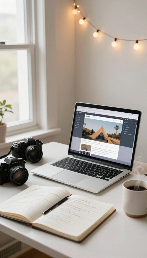 Student creating content for a niche blog or YouTube channel in a cozy bedroom setup