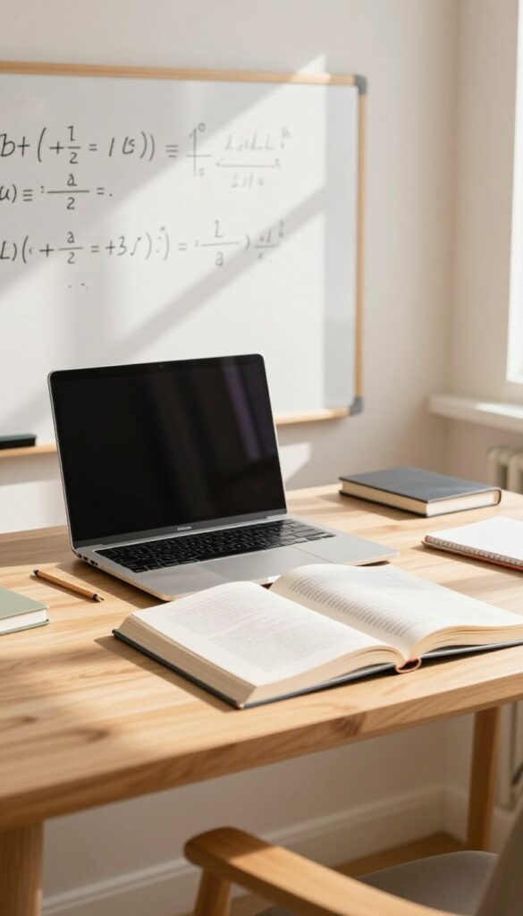 A cozy study space with a desk, textbook, notebook, and whiteboard, representing tutoring and academic help.