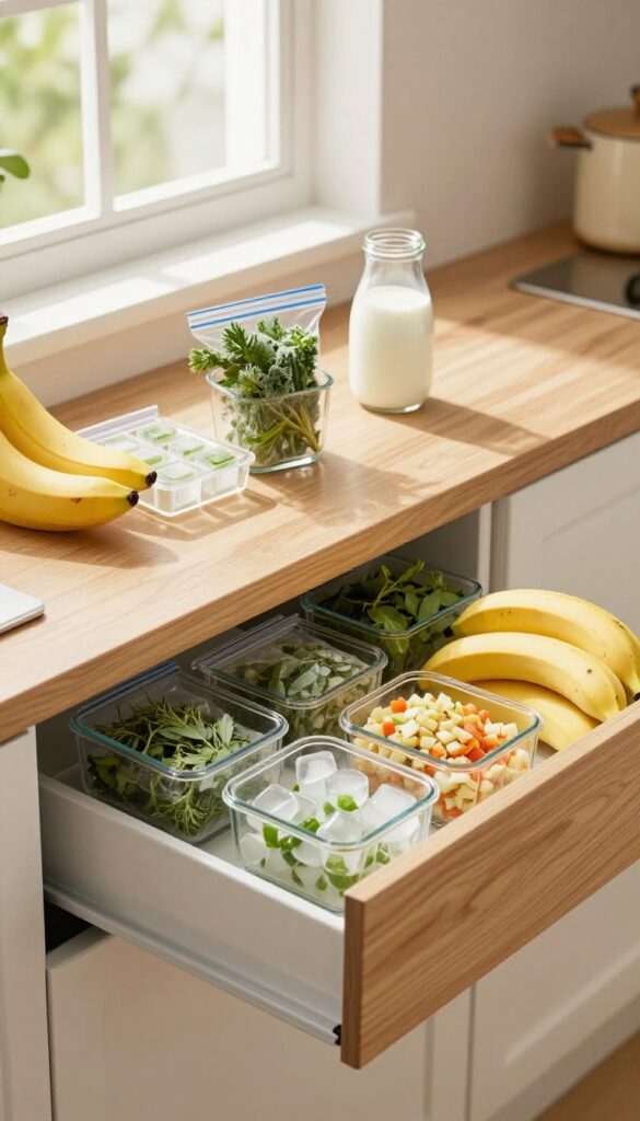 Open freezer drawer with frozen herbs in ice cube trays, bags of vegetables, and containers of leftovers on a kitchen counter.
