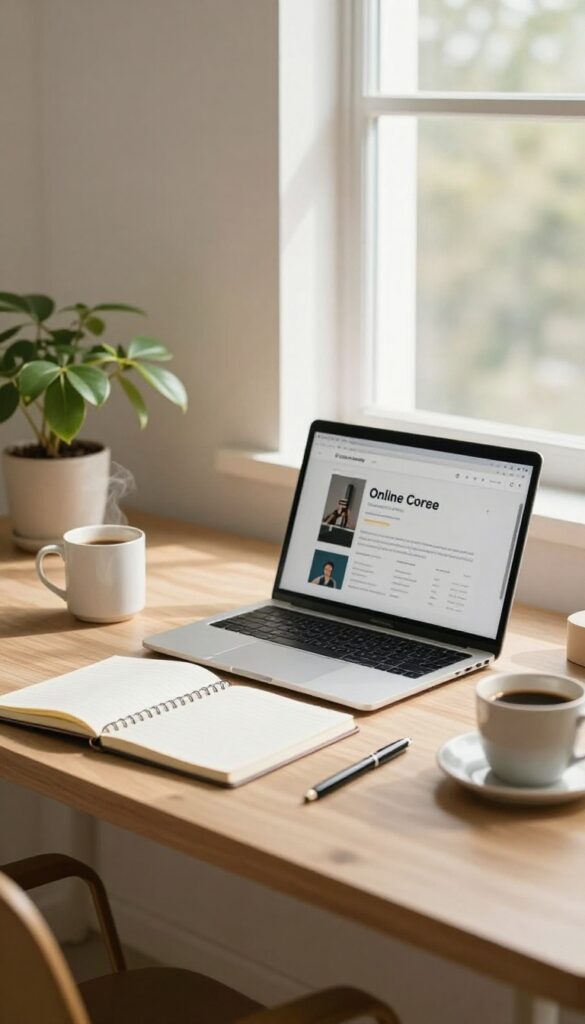 Cozy home office setup with laptop, notebook, and coffee for online learning