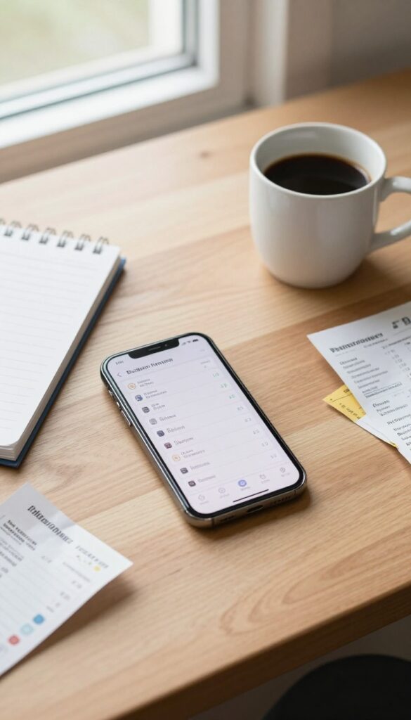 Flat lay of a smartphone with a budgeting app, a notebook with handwritten expenses, coffee cup, and receipts on a wooden desk.