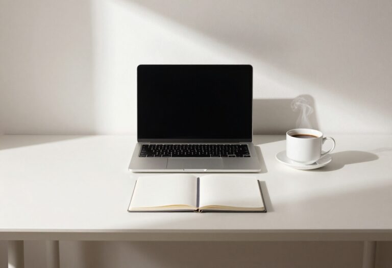 Home office with laptop and notebook representing online business ideas for beginners