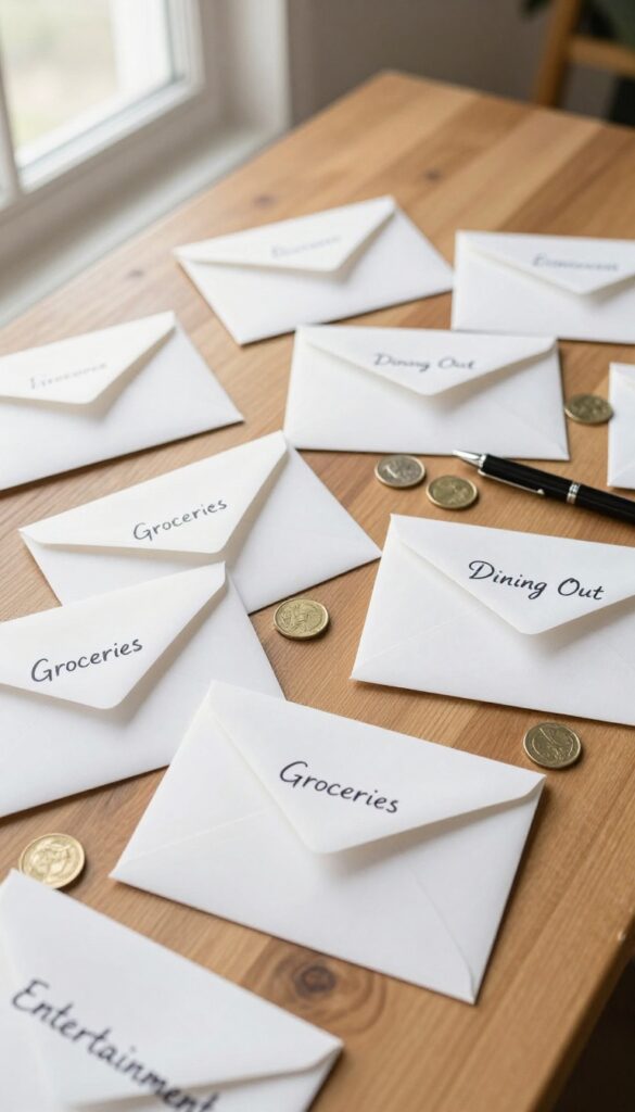 Envelope system for budgeting with cash envelopes labeled for groceries, dining out, and entertainment on a wooden table.