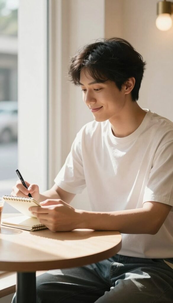 Person mystery shopping at a café, taking notes with a coffee cup