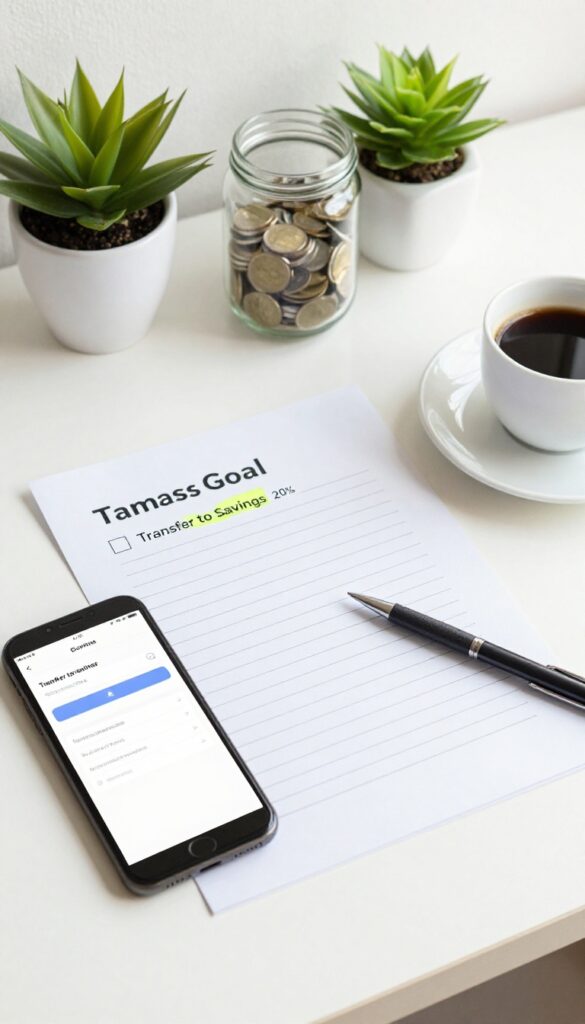Flat lay of a pay-yourself-first budget worksheet on a desk with a pen, smartphone showing a transfer notification, a glass jar with cash, a small plant, and a coffee cup in natural light.