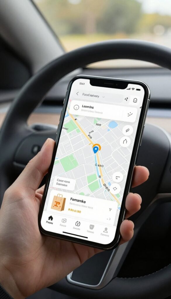 Smartphone on car dashboard with delivery app, takeout bag on passenger seat, driver's hand on steering wheel.