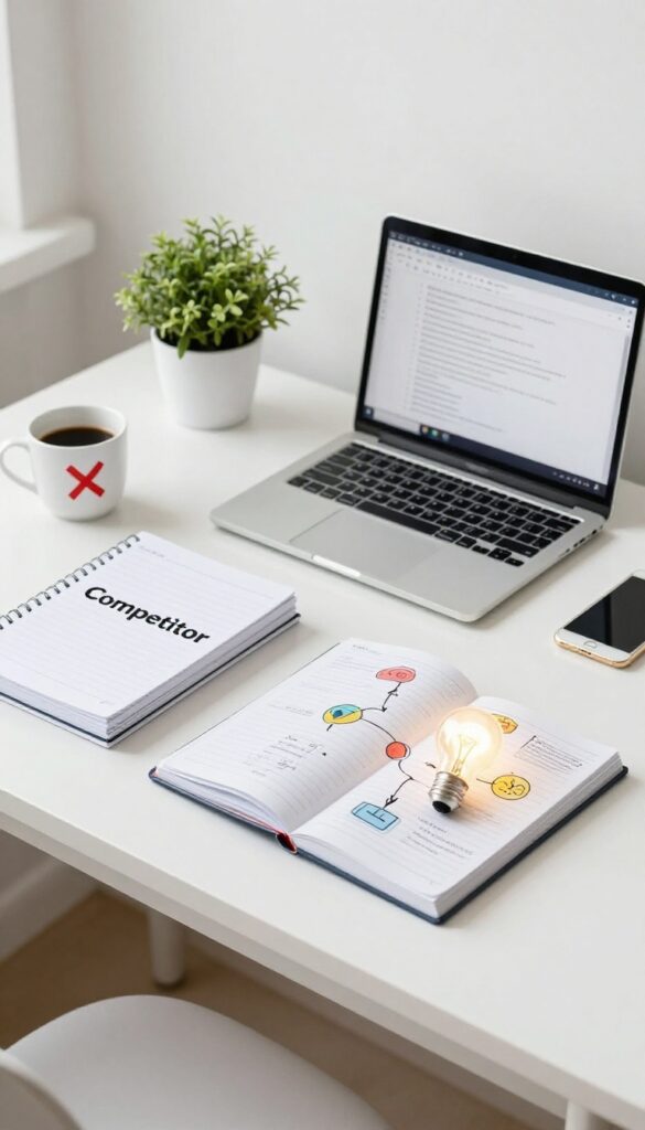 A desk scene symbolizing finding your unique angle, with competitor notebooks crossed out and a unique idea notebook with a lightbulb.