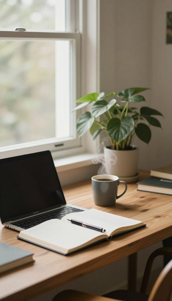 Cozy home office setup with laptop, coffee, and plants for blogging side hustle.