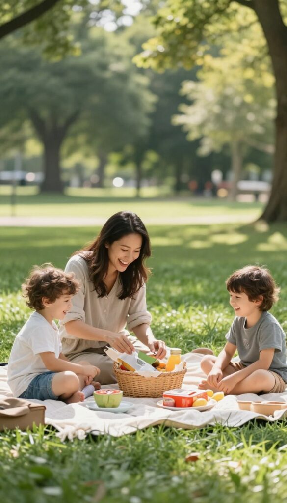 Mother and children having a picnic in a sunny park, celebrating a budget win without spending money.