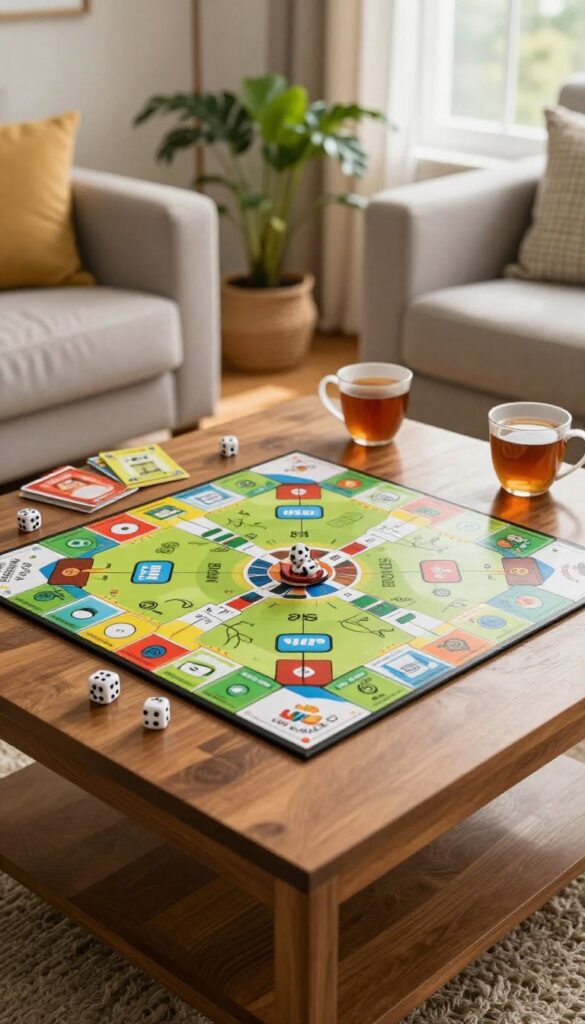 Handmade board game on a coffee table with custom cards and dice in a cozy living room