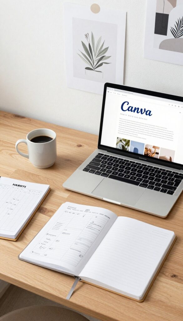 Flat lay of desk with laptop, coffee, notebook, and printed digital products like planners and wall art.