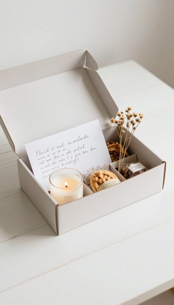 Open subscription box with snacks, candle, and note on white table