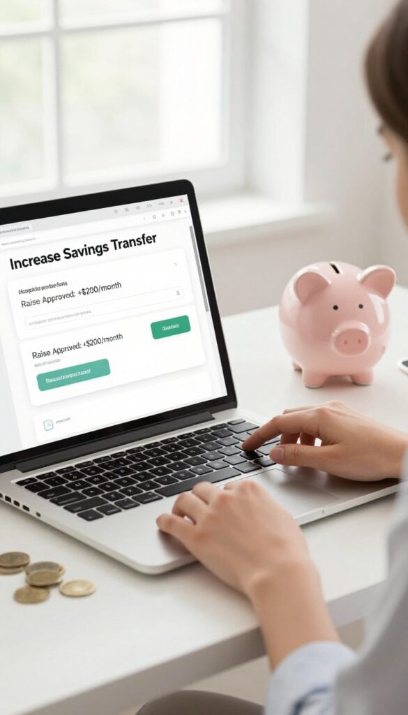 Person automating savings transfer after a raise at a bright desk with laptop and phone