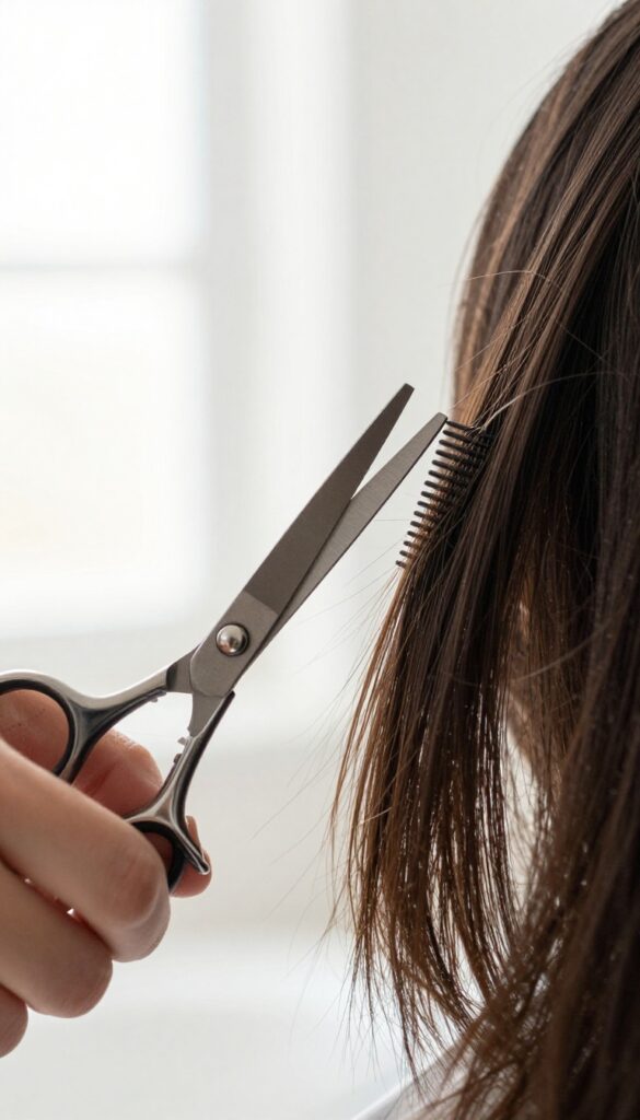 Person trimming their own hair at home with professional shears and comb in bright natural light