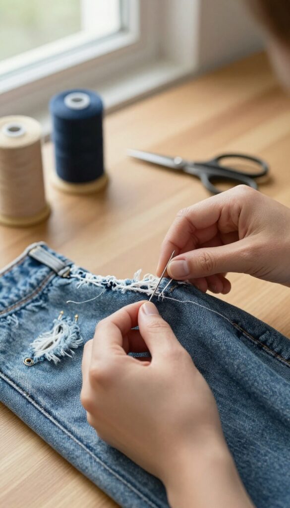 Hands mending a torn seam on jeans with needle and thread, sewing kit on wooden table, bright natural light, cozy frugal living scene