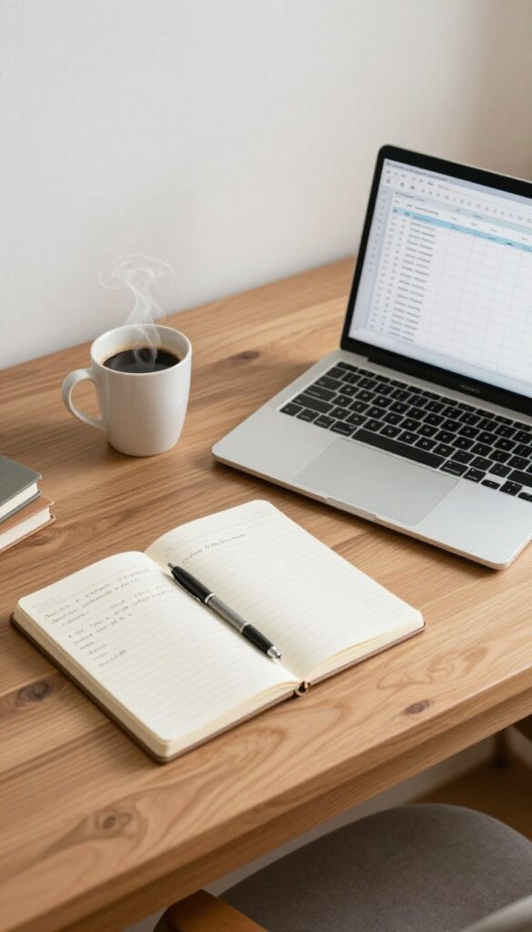 A person reviewing a budget on a laptop with a notebook and coffee on a wooden desk