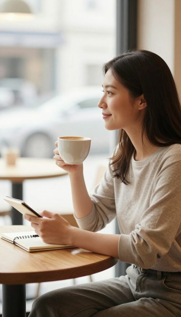 A woman mystery shopping at a café, taking notes with a coffee cup on the table.