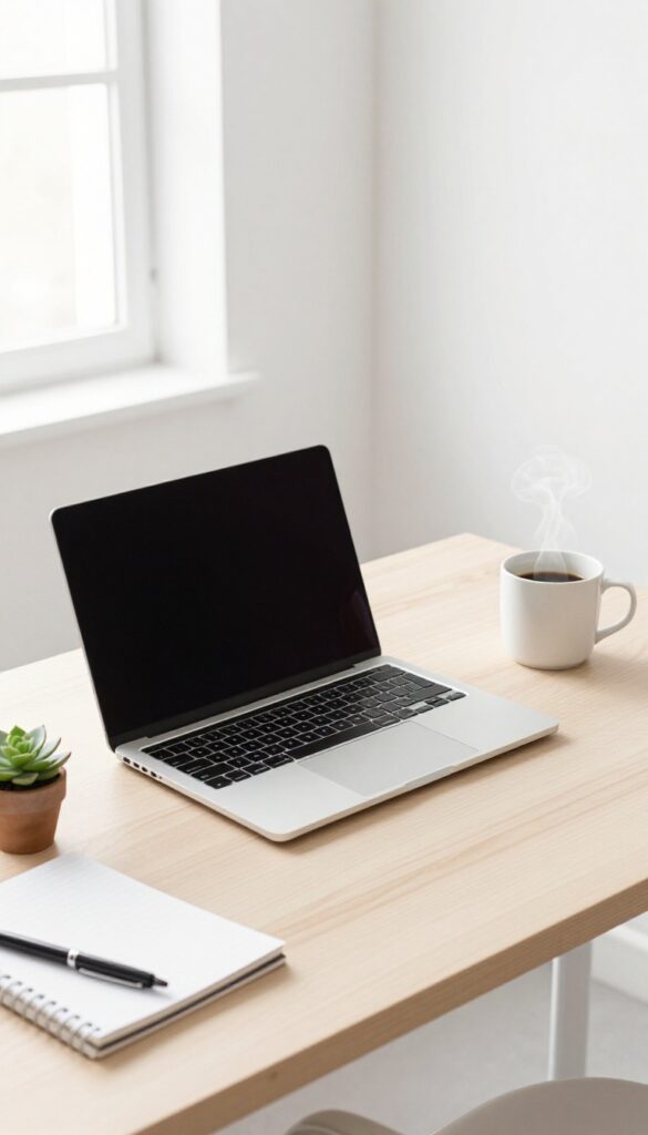 Overhead view of a laptop, coffee, notebook, and succulent on a wooden desk in natural light, representing a copywriting side hustle workspace.