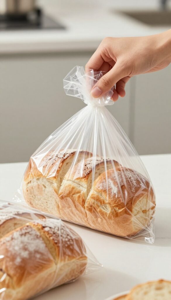 Person freezing sliced bread in a freezer bag to reduce food waste