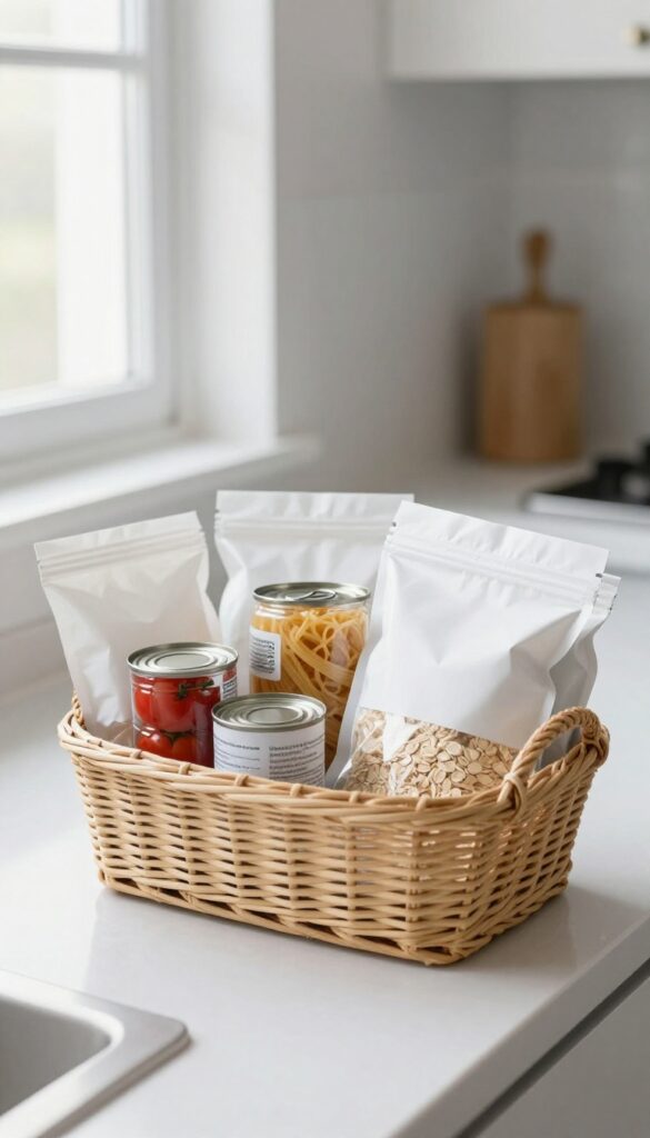 Generic brand pantry staples arranged in a wicker basket on a kitchen counter with natural light