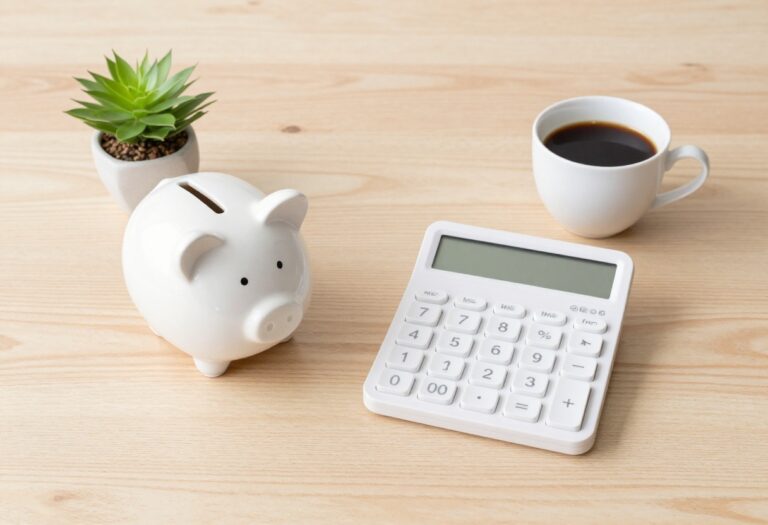 Flat lay of piggy bank, calculator, plant, and coffee on wooden table