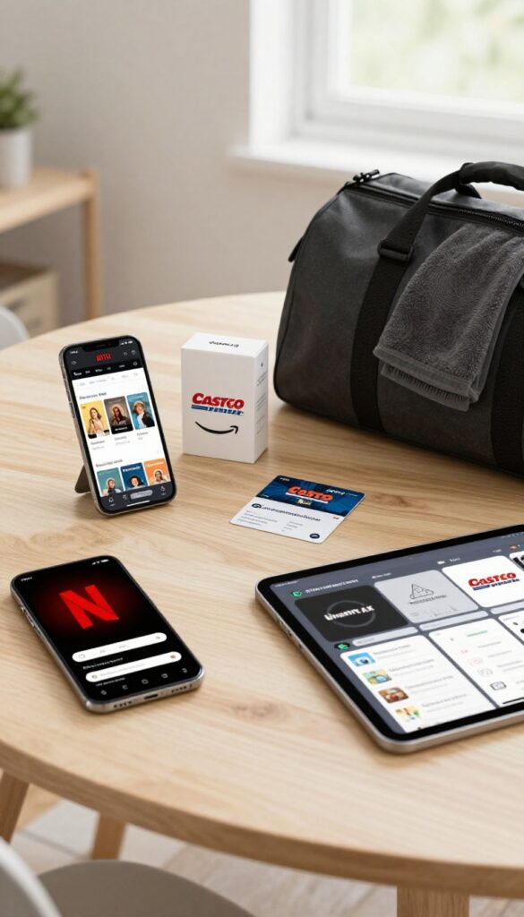 Flat lay of family subscription items including phone, tablet, laptop, gym bag, and membership cards on a wooden table.