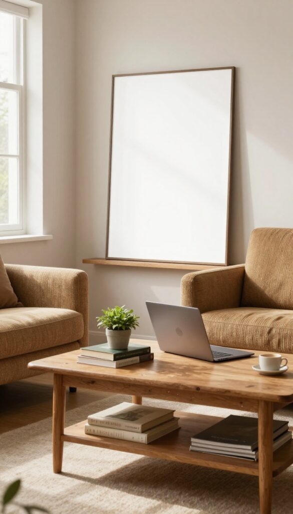 Cozy living room with secondhand furniture and a refurbished laptop, bathed in natural light.