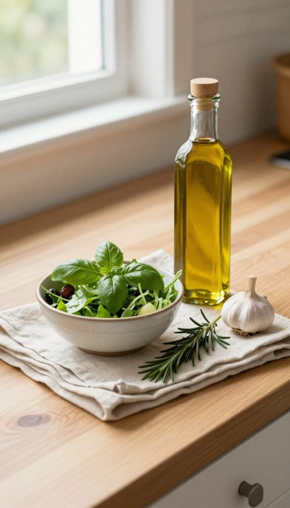 Homemade salad dressing in a jar next to a fresh salad on a kitchen counter