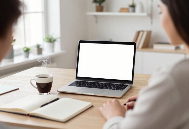 Home office desk with laptop, notebook, and coffee, representing at-home side hustles