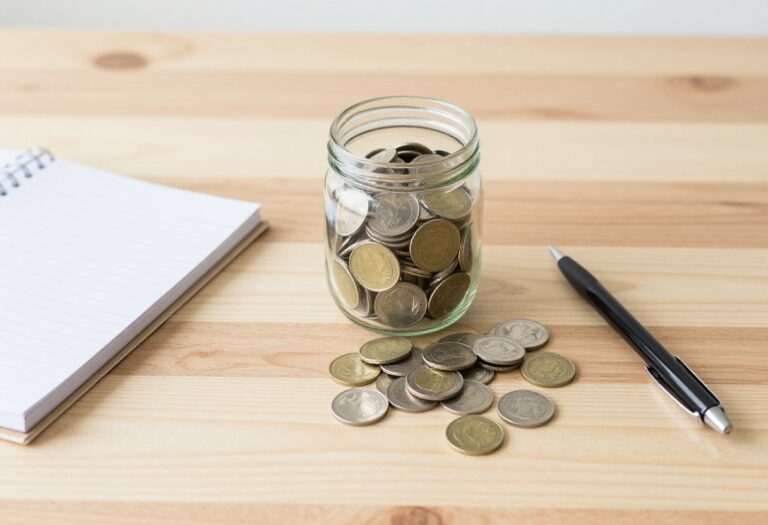 Glass savings jar filled with coins and cash on a wooden table with a notebook and pen