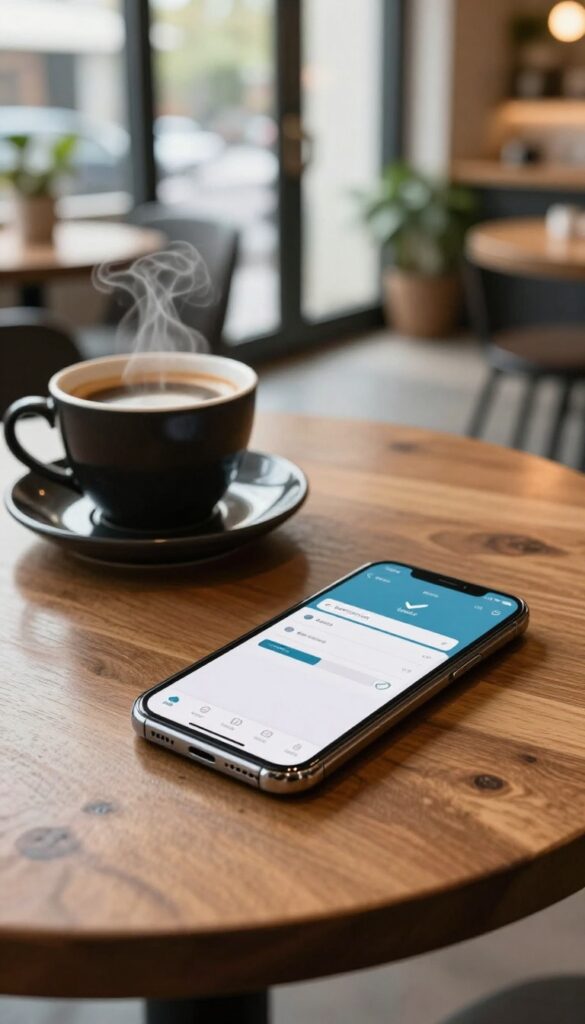 Person using micro-task app on smartphone at coffee shop