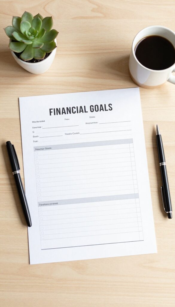 Financial goals worksheet on a desk with pen, succulent, and coffee