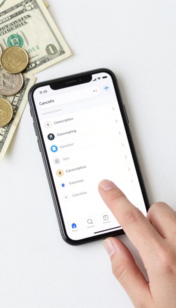 A hand cancelling a subscription on a smartphone with saved cash beside it