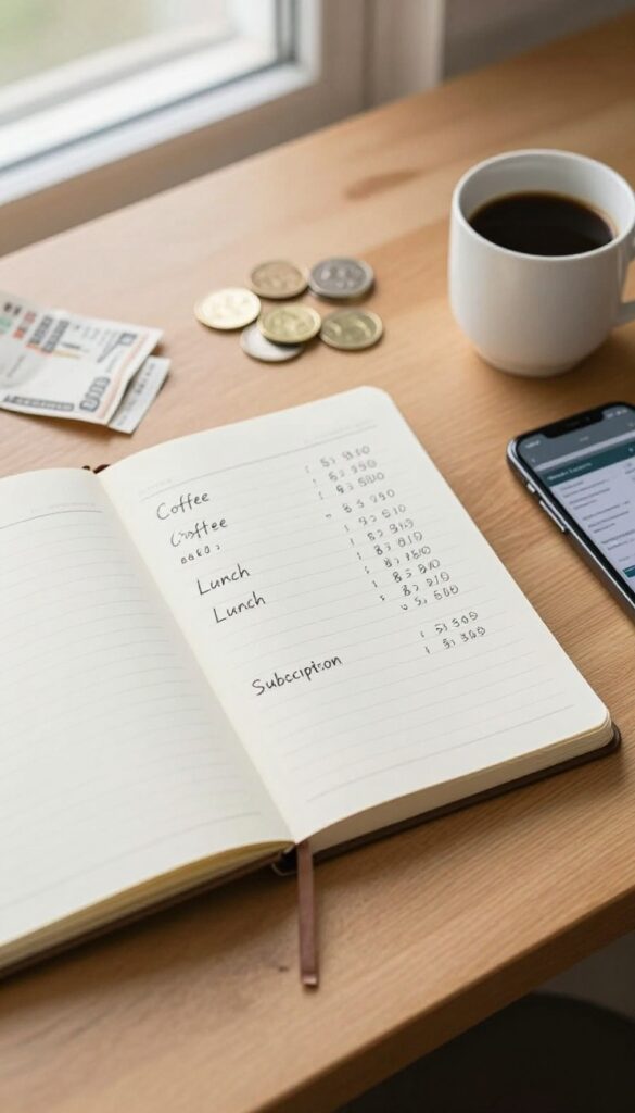Notebook with handwritten expense tracking, smartphone with budgeting app, coffee cup, coins, and receipts on a wooden desk.