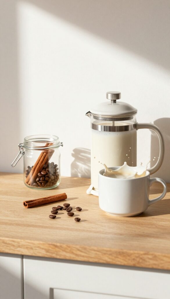 Cozy kitchen counter with French press and coffee supplies in natural light