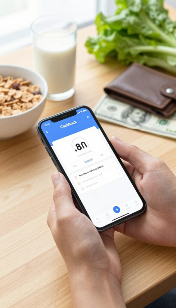 Person using cashback app on smartphone with groceries and receipt on table