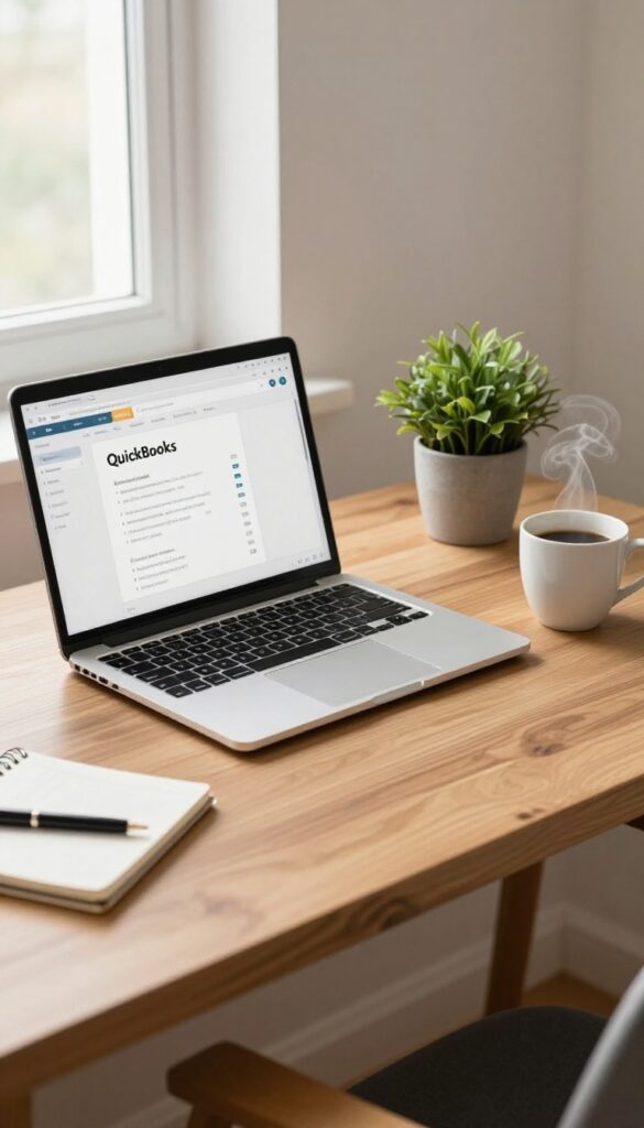 Freelance bookkeeping setup with laptop, coffee, and notebook on a desk in a bright home office