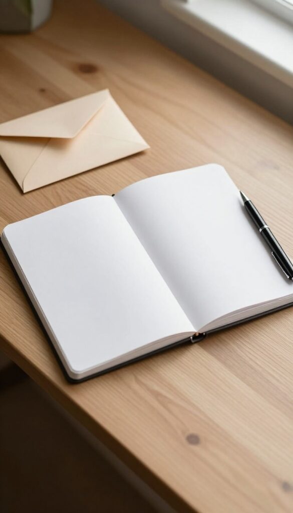 Simple budgeting setup with notebook, pen, and envelope on a wooden desk.
