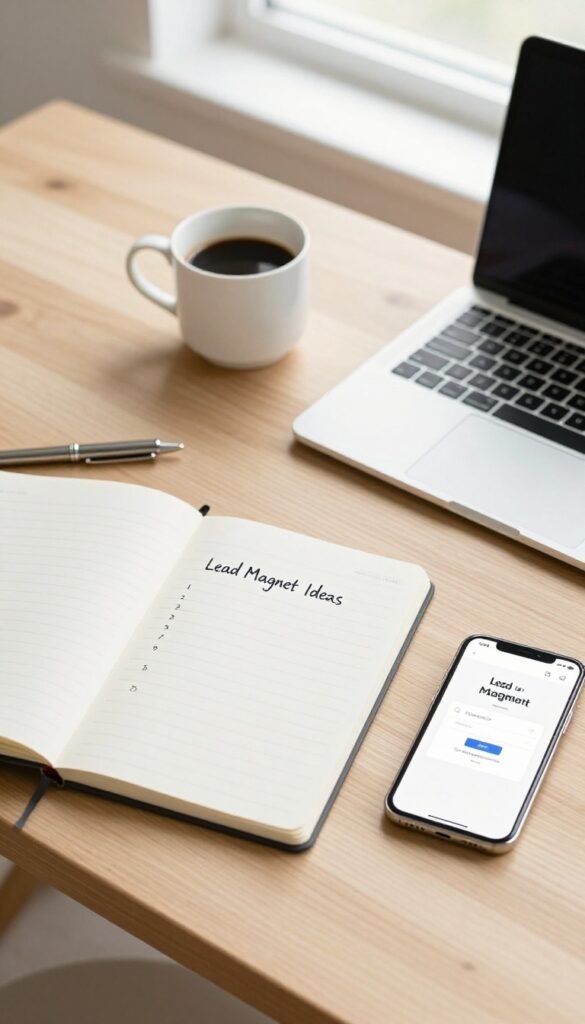 Flat lay of a laptop, notebook with checklist, coffee cup, and smartphone on a wooden desk, representing a lead magnet preparation for bloggers.