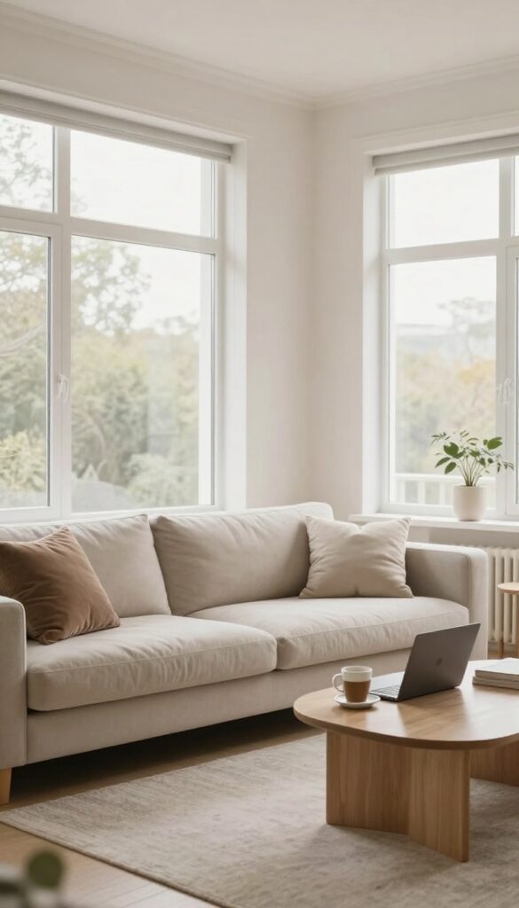 Cozy living room with natural light, sofa, and laptop on table